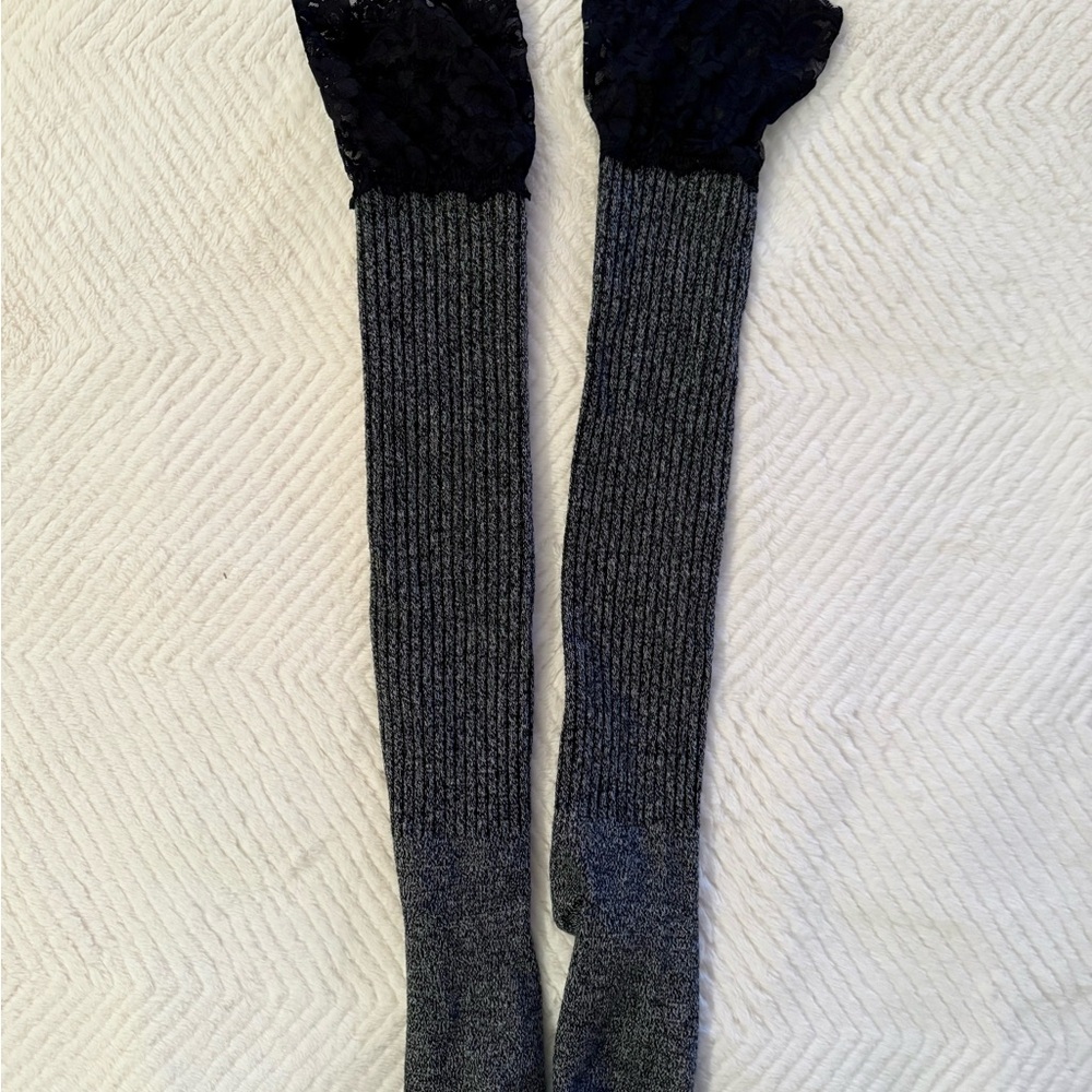 Knee-High Ribbed Knit Socks with Lace Top - Charcoal